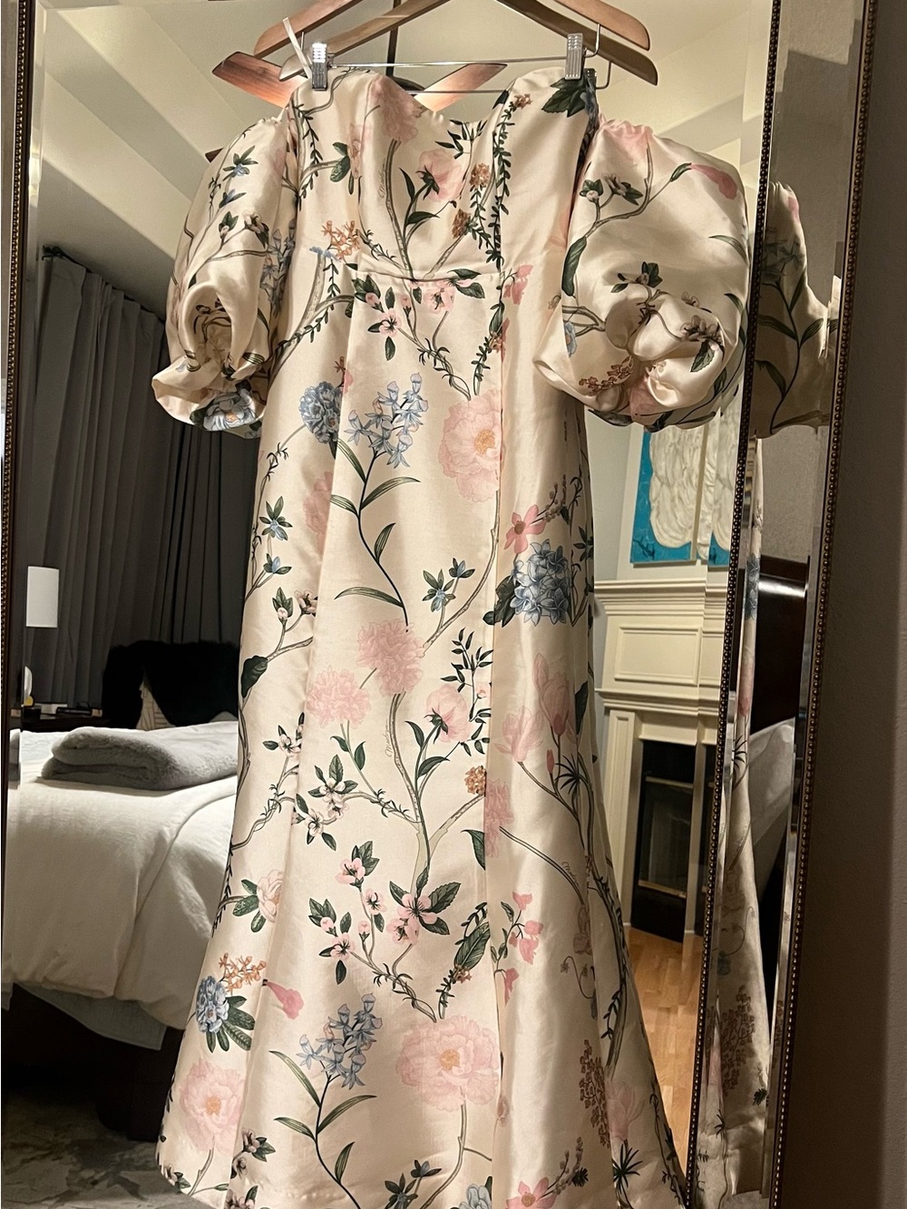 Floral Off-Shoulder Puff-Sleeve Satin Prom Dress - Cream/Pink